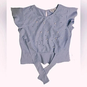 Kontrol L Size Medium Blue/White Striped Blouse Pearl Accents